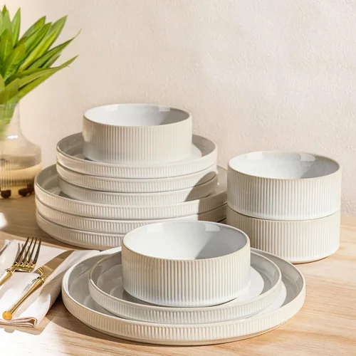 Vista 27 de TheTerra Juego de vajilla de cerámica para 4, juego de 12 platos y cuencos ligeros de porcelana, resistente a los arañazos, apto para horno