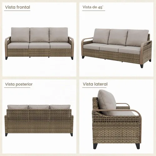 Vista 8 de Sofá de mimbre para patio, sofá para exteriores, 3 asientos Marrón/Gris