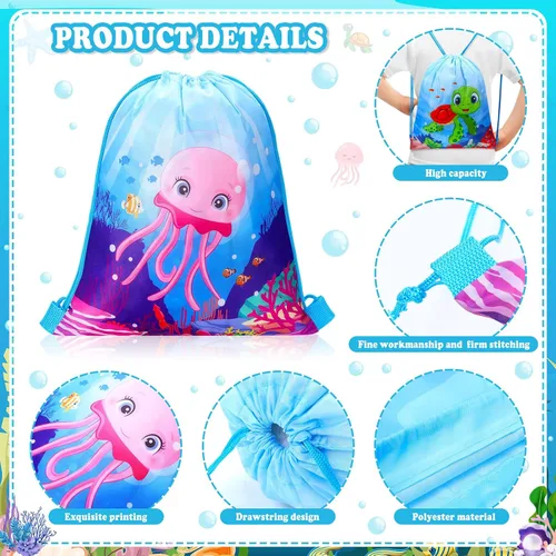 Vista 3 de Paterr Paquete de 12 bolsas de mochila con cordón para fiesta de animales del océano, bolsas de regalo de fiesta bajo el mar, bolsas de golosinas