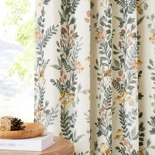 Vista 13 de Kayne Studio Paneles de cortina 100% opaca azul gris con estampado de hojas botánicas, cortinas florales de estilo granja para sala de estar y Azul