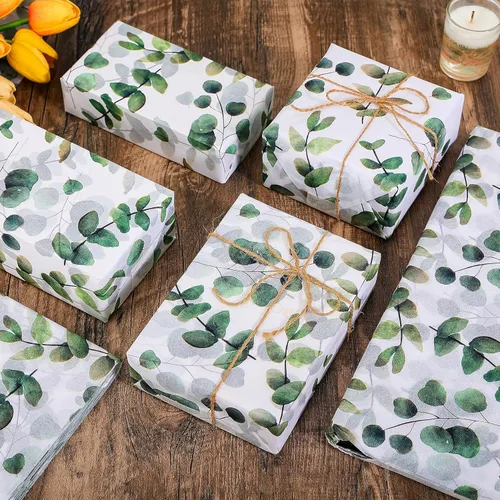 Vista 4 de 100 hojas de papel de seda de eucalipto reciclable vegetación botánica bolsa de embalaje para bodas, cumpleaños, duchas, manualidades, decoración