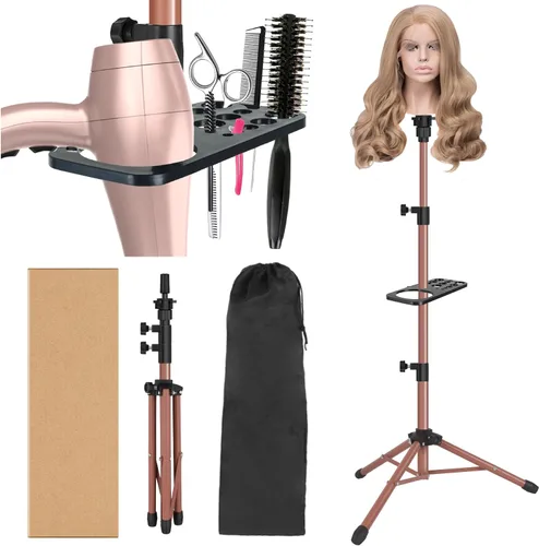 Vista 12 de ZQIAN BEAUTY Trípode de soporte para peluca de 25 pulgadas, soporte de cabeza de maniquí ajustable, soporte de cabeza de peluca para cabezas