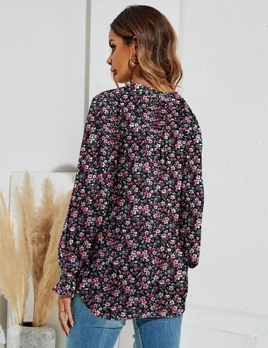 Vista 3 de Romanstii Camisetas casuales con cuello en V para mujer, blusas sueltas de manga larga abombada