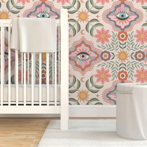 Vista 6 de Despegar y pegar muestra de papel tapiz – Boho Floral Retro Eyes Adolescente Femenino Adolescente Femenino Flores Bohemio Femenino Niños Sol
