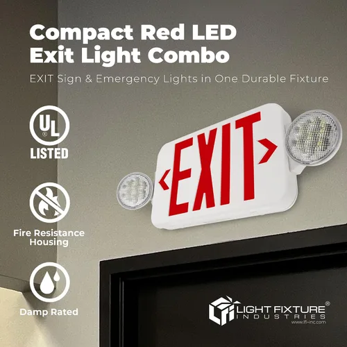Vista 2 de LFI Lights® - Señal de salida roja combinada con luces de emergencia Carcasa blanca Todos los LED Dos cabezales redondos ajustables cableado