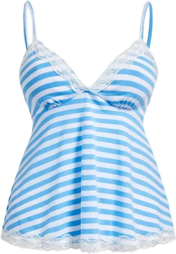 Vista 14 de SOLY HUX Tops tipo babydoll a rayas con encaje Y2K para mujer Negro (Black Polka Dots)