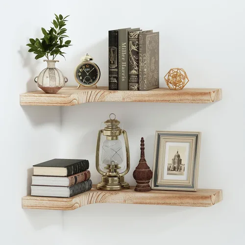 Vista 11 de SAUMONIERES Estantes flotantes de esquina de madera maciza para dormitorio, baño, cocina, almacenamiento, juego de 3, negro, soportes invisibles