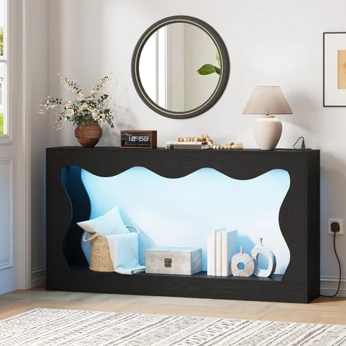 Vista 3 de HUANLEGO 63" Console Table for Entryway with LED Lights & Outlet, Black