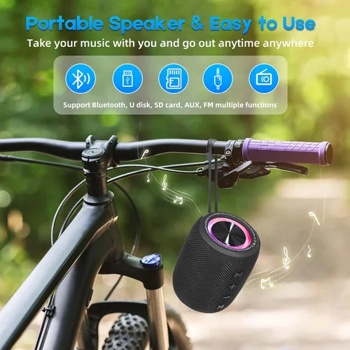 Vista 6 de Altavoz Bluetooth portátil, altavoz inalámbrico BT5.3 de 20W con diafragmas de graves, luces LED multimodos dinámicos, IPX6 resistente al agua