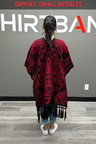 Vista 3 de ShirtBANC Poncho de serape mexicano, capa azteca, calendario quetzalcoatl fabricado en México
