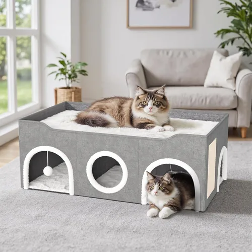 Vista 8 de Casa para gatos todo en uno extra ancha, cama superior con tres habitaciones, condominios para gatos, camas para gatos de interior, familia