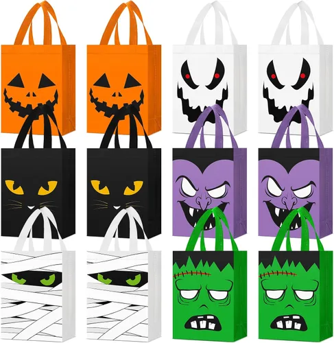 Vista 7 de Paterr 18 bolsas de dulces de Halloween, reutilizables, no tejidas, bolsas de regalo de gato, fantasma, vampiro, zombi, calabaza, con asas, a granel