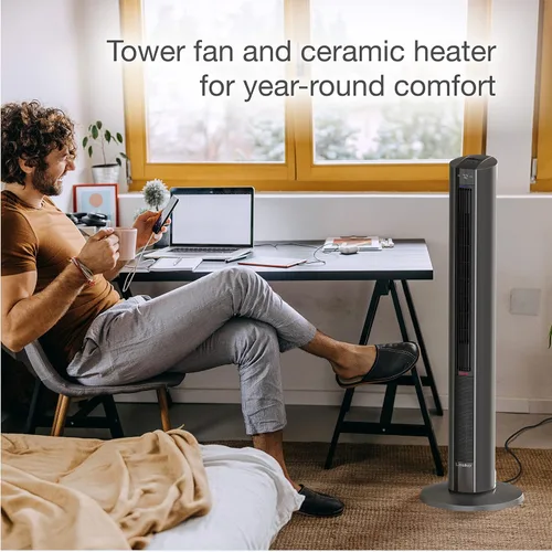 Vista 4 de Lasko Combo de calentador de espacio de ventilador de torre oscilante con control remoto, ventilador de torre de 48 pulgadas, termostato ajustable