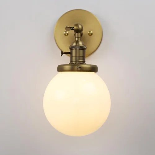 Vista 9 de Pathson Aplique de pared cableado con globo blanco, luz de tocador de baño de latón con interruptor de encendido y apagado, lámparas de pared