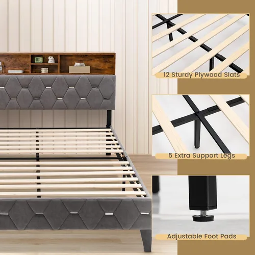 Vista 8 de KOMFOTT Base de cama matrimonial tapizada con cabecera de almacenamiento, base de cama de plataforma con estantes abiertos y espacio