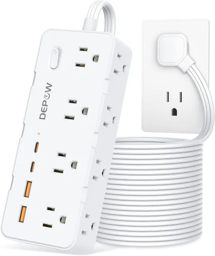 Vista 9 de DEPOW Regleta de alimentación negra de 2 puntas, adaptador de salida de 2 a 3 clavijas con 8 puertos de CA y 4 puertos USB (2 USB C), cable