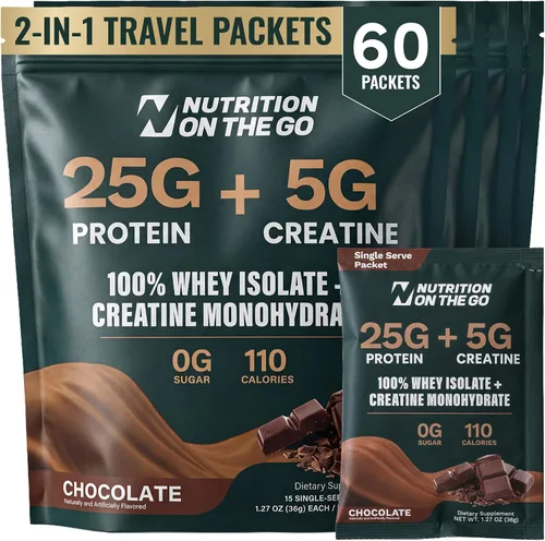 Vista 19 de Paquetes de viaje 2 en 1 con aislamiento de proteína de suero + creatina, chocolate, paquete de 15