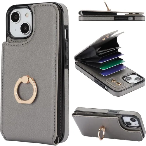 Vista 23 de Folosu Funda tipo billetera compatible con iPhone 14 con soporte para tarjetas, soporte de anillo para dedo con rotación de 360° y función atril