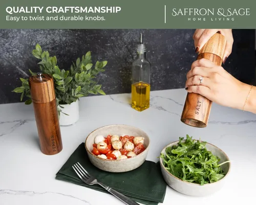 Vista 3 de Saffron & Sage Premium - Molinillo de sal y pimienta de madera de acacia de 2 a 8 pulgadas de alto con ajustes gruesos ajustables, resistente a