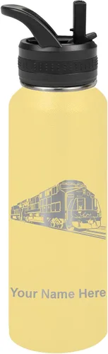 Vista 69 de LaserGram Botella de agua personalizada, tren de carga, acero inoxidable de doble pared aislada al vacío con popote superior, regalo grabado Negro