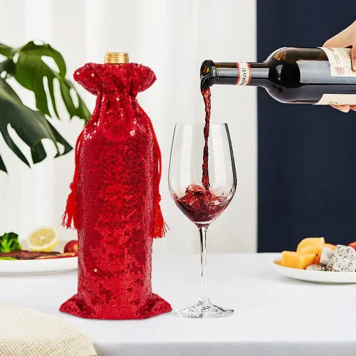 Vista 11 de Eternal Beauty 4 bolsas de vino con cordón, cubierta de botella de lentejuelas para bodas de cumpleaños (14 x 6 pulgadas, negro)
