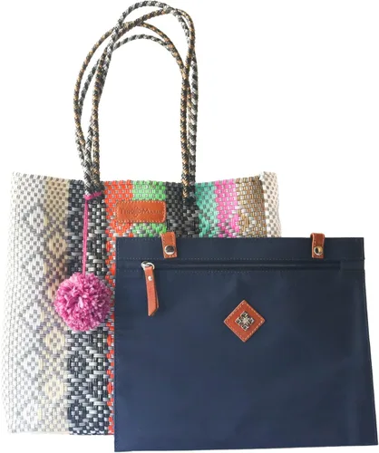 Vista 2 de Maya Bolso de mano tejido, bolso de playa multicolor, bolso de plástico reciclado ecológico, resistente al agua, hecho a mano por artesanos - Bolso