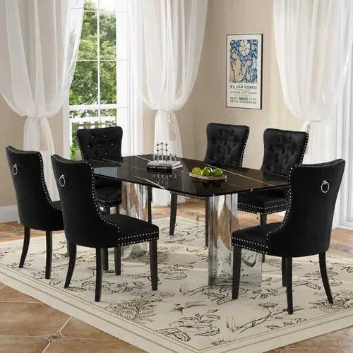 Vista 2 de Juego de mesa de comedor moderno para mesa de comedor de cristal de 6, 7 piezas, mesa de mármol sintético de 71 pulgadas con base de acero