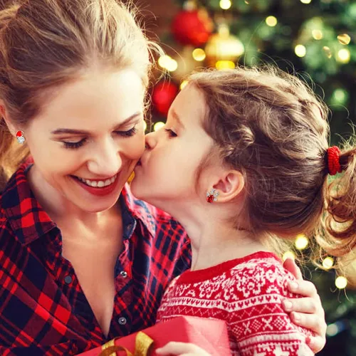 Vista 2 de Juego de 20 pares de aretes de Navidad para mujer, campanas de árbol de Navidad, lazos de copo de nieve, aretes de tuerca de Navidad para niñas