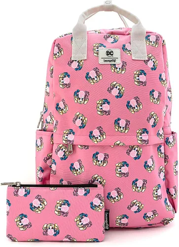 Vista 3 de Loungefly x DC Comics Harley Quinn Bubble Gum Mochila cuadrada de nailon con estampado de aleación, Rosa Multi, Computadora portátil