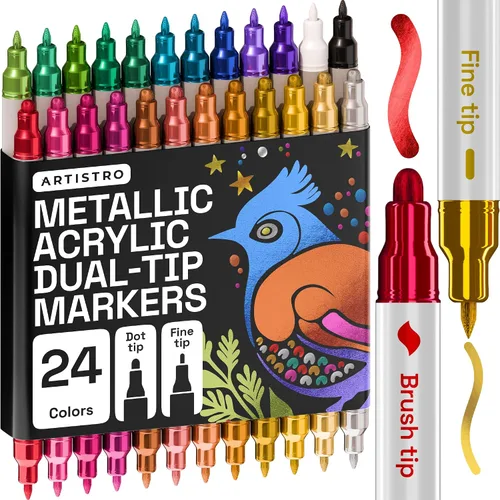 Vista 24 de ARTISTRO 5 marcadores negros de pintura acrílica de doble punta, juego de bolígrafos de pintura con puntos y puntas finas para tela, rocas, vidrio