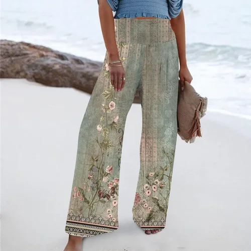 Vista 2 de Mittory Pantalones de pierna ancha para mujer, estilo casual, estampado de moda, cintura alta, elásticos, palazzo