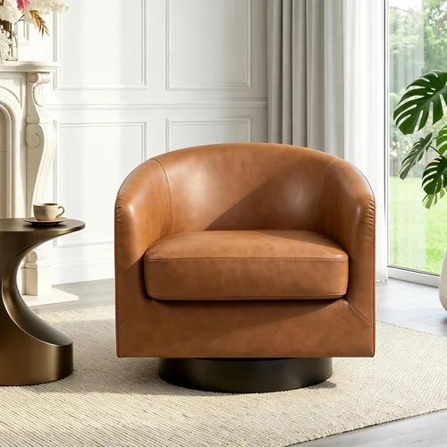 Vista 26 de Silla Giratoria de Acento de Cuero Sintético con Base de Madera, Sillas de Barril Tapizadas Modernas para Sala de Estar, Cómodo Sillón Redondo Sofá