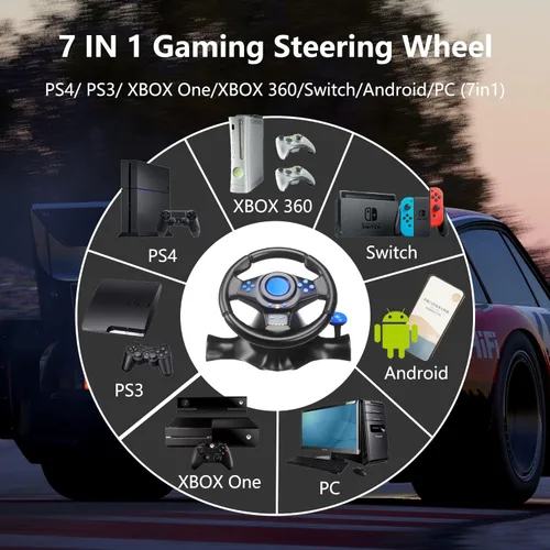 Vista 2 de YUYIU Upgraded Racing Steering Wheel with PedalsPaddles Shifter and Vibration for PS4 PS3 XBOX OneXBOX 360SwitchAndroidPC (Racing Wheel-BLUE)
