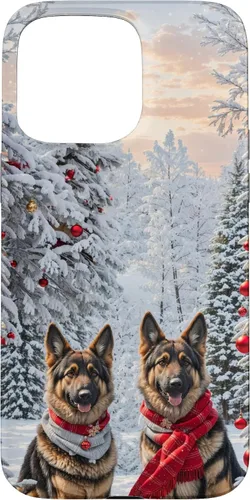 Vista 28 de iPhone 16 Lindo perro pastor alemán en paisaje nevado feliz Navidad caso