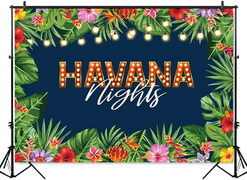 Vista 2 de Mocsicka Telón de fondo de Noches de La Habana Tropical Nights para adultos, hojas de palma hawaianas, decoración de mesa para tartas, decoración