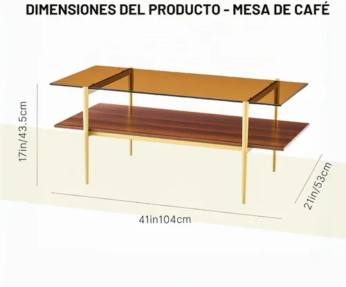 Vista 2 de Shrine - Mesa de café rectangular, diseño moderno de mediados de siglo, estructura de 2 niveles, parte superior de vidrio ámbar y estante de MDF
