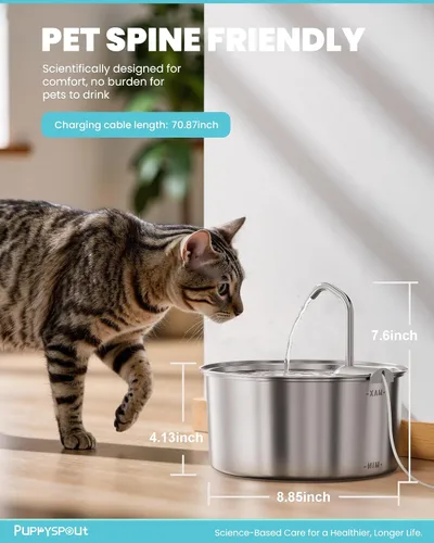Vista 5 de Cat Water Fountain Stainless Steel - 108oz/3.2L Automatic Cat Water Fountain for Drinking with 3 Pcs Filters, Metal Pet Water Fountain Water