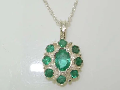 Vista 4 de Ladies Solid 925 Sterling Silver Natural Emerald Pendant Necklace with English Hallmarks