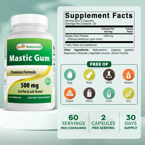 Vista 2 de Best Naturals Paquete de 2 cápsulas de masilla de 500 mg – 60 unidades – (sin OGM) (sin gluten) – Promueve la salud saludable del estómago