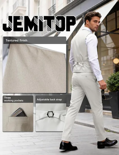 Vista 6 de JEMITOP Chaleco de vestir ajustado con textura ligera para hombre Beige