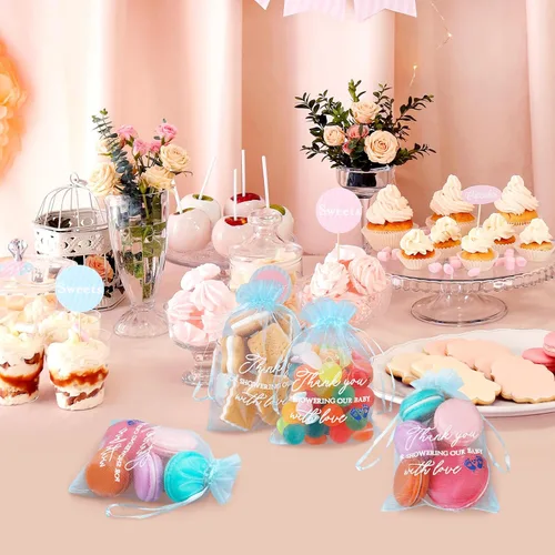 Vista 4 de Jspupifip 100 bolsas de regalo de agradecimiento para bebé, bolsas azules de 4 x 6 pulgadas, organza transparente, a granel para invitados