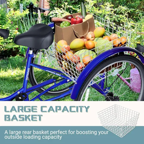 Vista 6 de Triciclo para adultos de 7 velocidades, bicicleta de 3 ruedas de 26 pulgadas con cesta grande para mujeres, hombres y personas mayores, triciclo