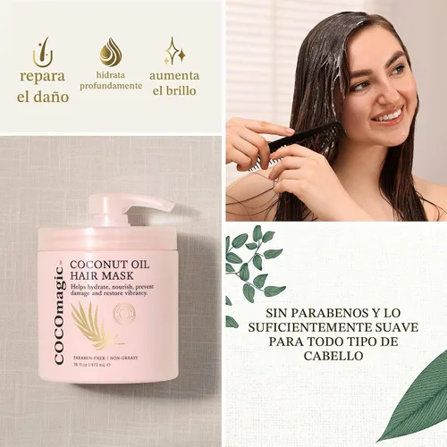 Vista 4 de Cocomagic Mascarilla capilar de aceite de coco, repara daños, evita el encrespamiento, restaura y añade brillo, rica en proteínas y extra
