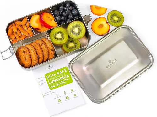 Vista 7 de ecozoi Lonchera Bento de acero inoxidable, 50 onzas, lonchera de 2 compartimentos con divisor extraíble y mini cápsula de salsa, a prueba de fugas