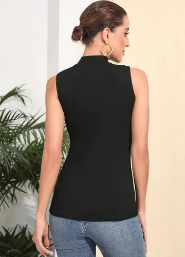 Vista 4 de MANGDIUP Camiseta básica de manga larga con cuello alto falso para mujer, sin mangas, ajustada