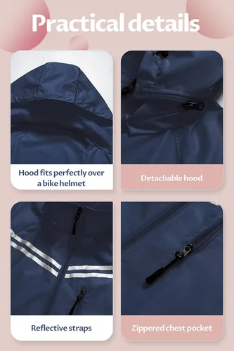 Vista 6 de CREATMO US Chaqueta impermeable para mujer, para correr, reflectante, rompevientos con capucha desmontable