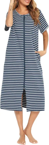 Vista 2 de Camisones de Manga Corta con Cremallera Frontal para Mujer, Batas de Algodón de Longitud Completa, Bata Suelta de Casa/Ropa de Descanso con Bl&blanco