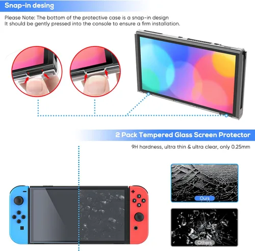 Vista 6 de Funda y protector de pantalla de vidrio templado compatible con Nintendo Switch OLED bolsa de transporte portátil con bolsillo carcasa protectora