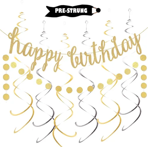 Vista 8 de Kit de decoración de pancarta negra de feliz cumpleaños, guirnalda de puntos circulares con espirales colgantes negros y plateados para cumpleaños