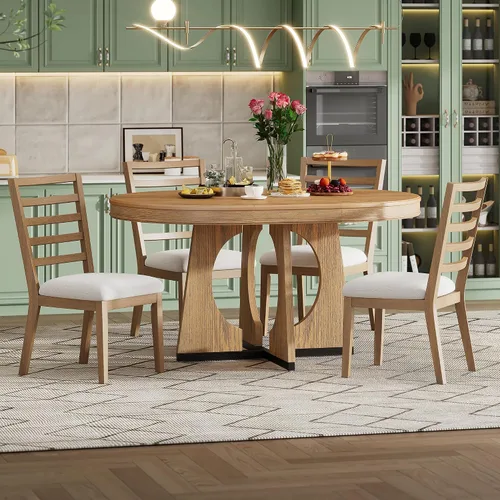 Vista 14 de Farmhouse - Juego de mesa de comedor de 5 piezas, mesa de comedor redonda extensible con 4 cómodas sillas tapizadas, juego de muebles funcionales